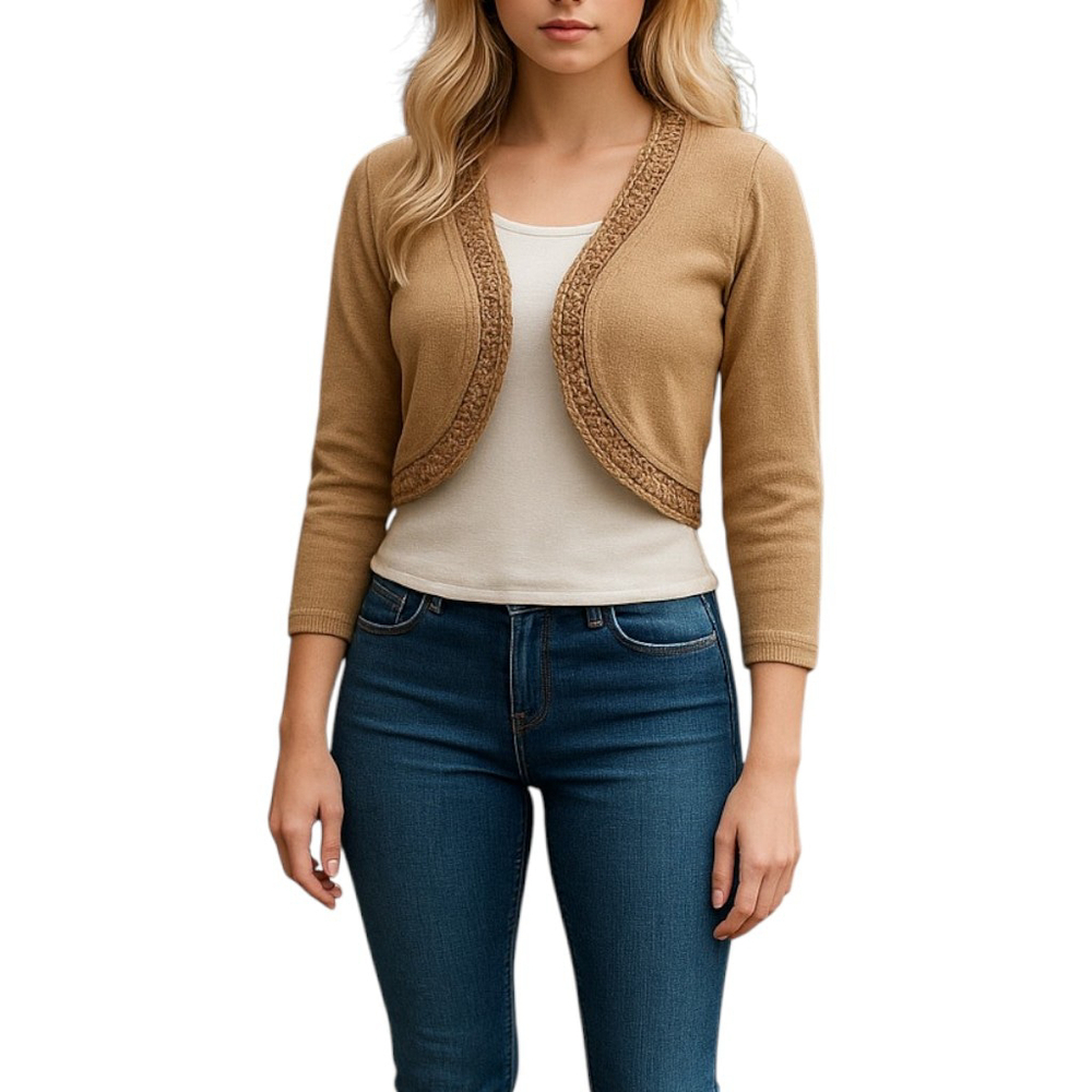 Apostrophe Cropped Bolero Cardigan Womens Medium Petite Beige Open Front Shrug